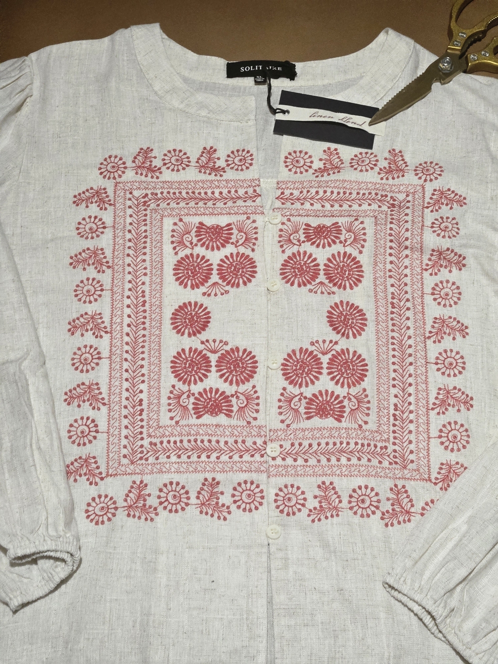 Solitaire XL Linen Blend Embroidered Boho Button Front Top Cream Red